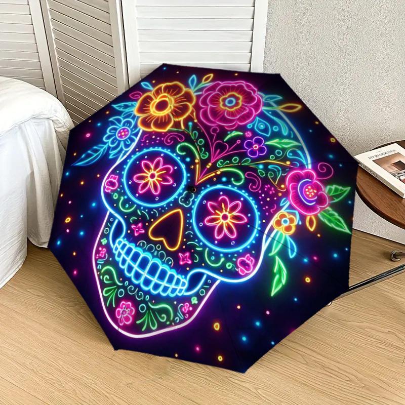 1pc Colorful Neon Sugar Skull Artwork Umbrella with Plastic Handle,Suitable for All Seasons Home Travel Outdoor UmbrellaDD1469