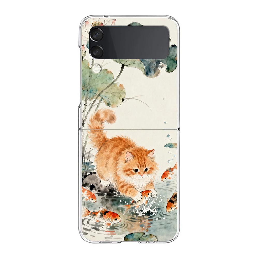 Transparent Phone Case For Samsung Galaxy Z Flip 3 4 5 6 7 Hard Folding PC Z Flip3 Flip4 Cover Protector Cat Fishing