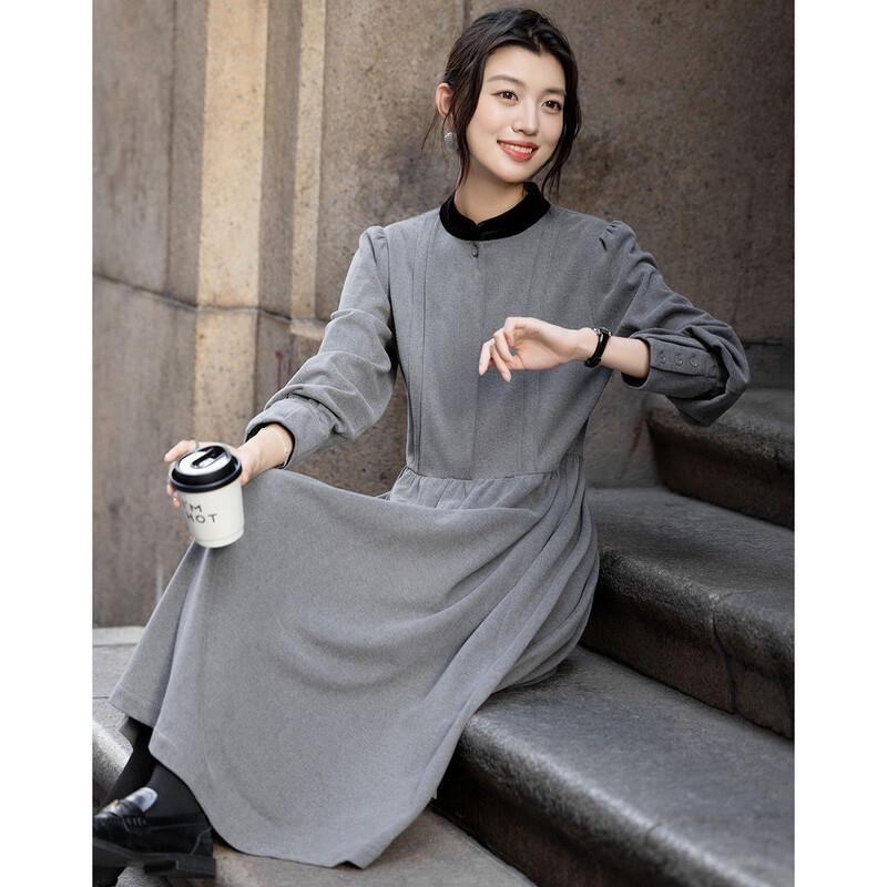 Demana Winter Color-Block Stand Collar Puff Sleeve A-Line Dress