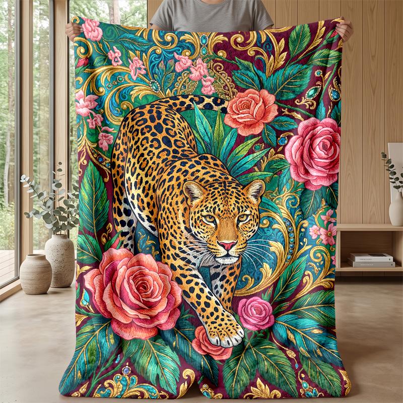 Leopard Roses and Bows Theme Blanket Lightweight Warm Flannel Blanket Decorative Throw Blanket for Home Decoration
