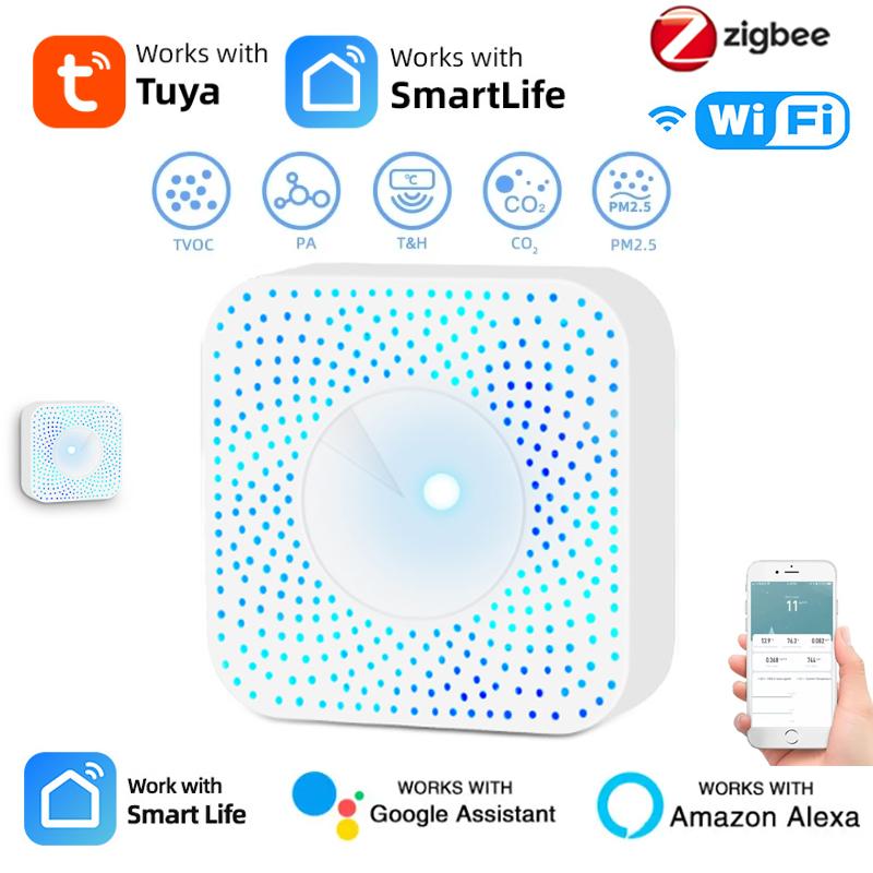 Tuya ZigBee/WiFi Air Quality Detector PM2.5 Formaldehyde VOC CO2 Temperature Humidity 6in1 Smart Air Box Sensor Via Alexa Google