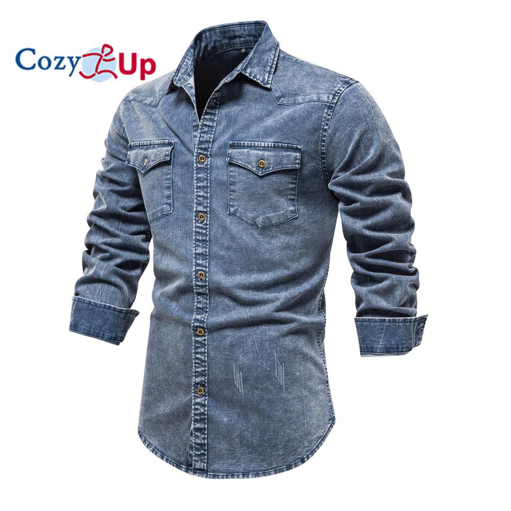 Cozy Up Cămăși Denim Bărbați Bumbac Buzunar Dublu Culoare Solidă Casual Cămăși Cowboy Bărbați Cămăși Toamnă Noi Slim Calitate pentru Bărbați