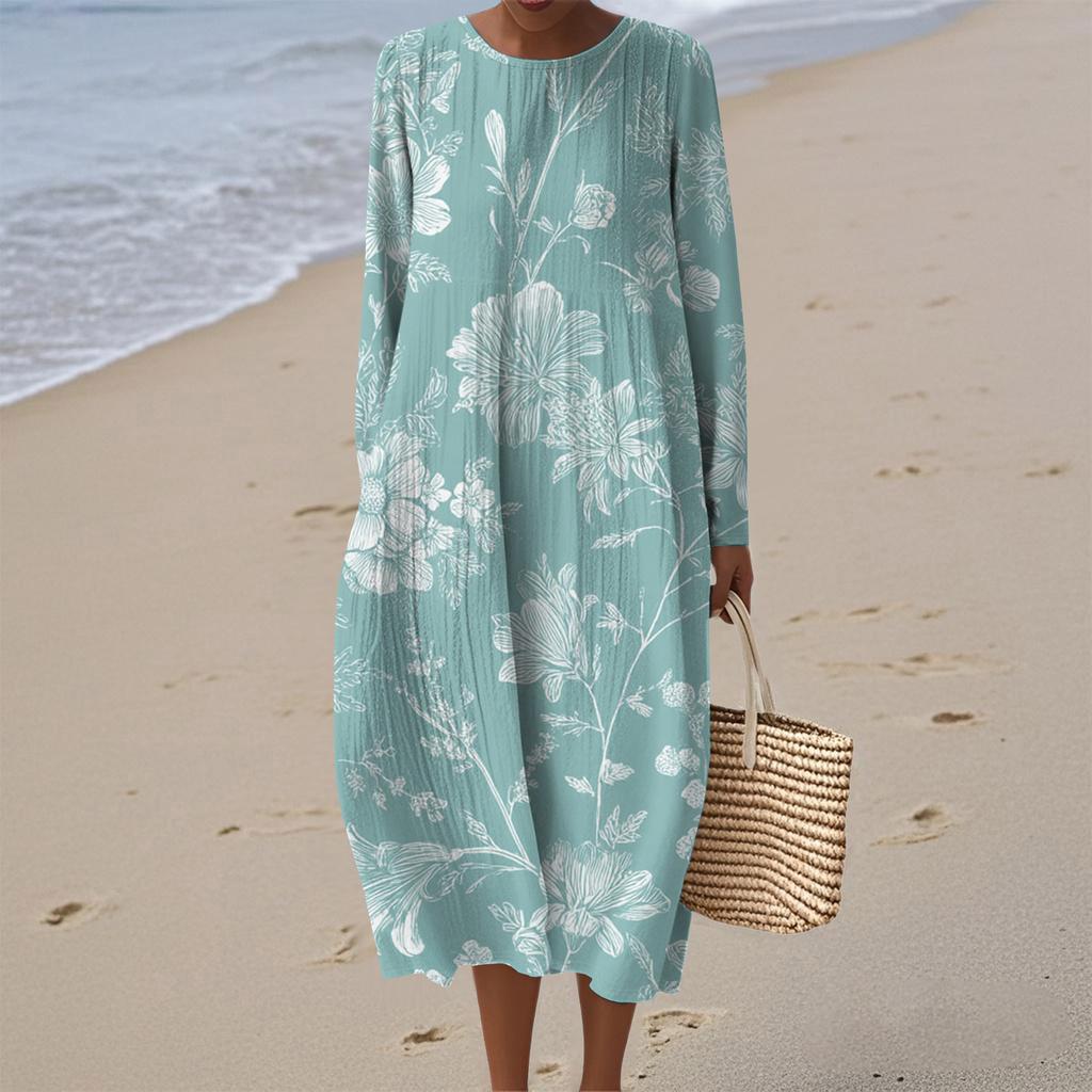 Women's Fashionable Casual Long-Sleeved Round Neck Floral Print Zipper Dress