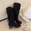 2025 autumn retro fringed knight boots thick heel but knee boots slim pile round head brown boots women