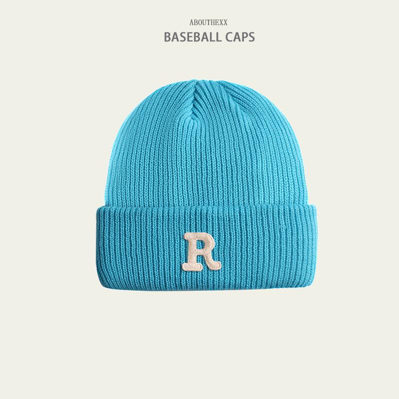 Hats for Women's Autumn and Winter New Warm Knitted Hat Korean Version Versatile R Letter Wool Hat Couple Head Hat Men's Trend