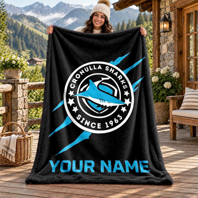 Cronulla Sharks Individueller Name Flanelldecke Personalisierte Weiche Warme Plüschdecke Personalisierte Geschenkidee für Familie Freunde