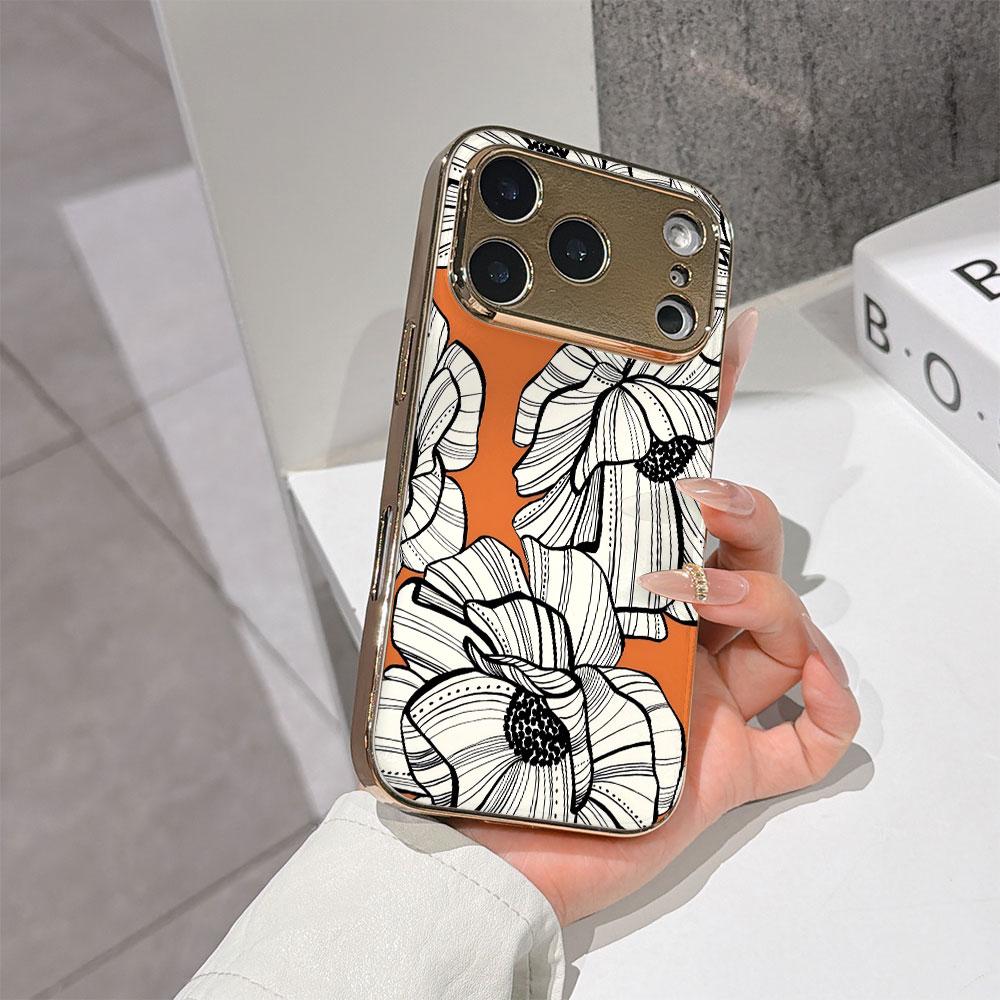 Lucky Start Phone Case For iPhone 17 16 15 14 13 12 11 Pro Max 16E Gold Electroplated glass shell  Orange Flowers Cover