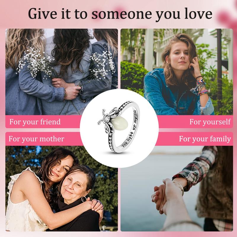 Luminous Firefly 925 Silver Ring Sparkling Rainbow Color Heart Wishbone Flower Original Rings For Women Wedding Jewelry