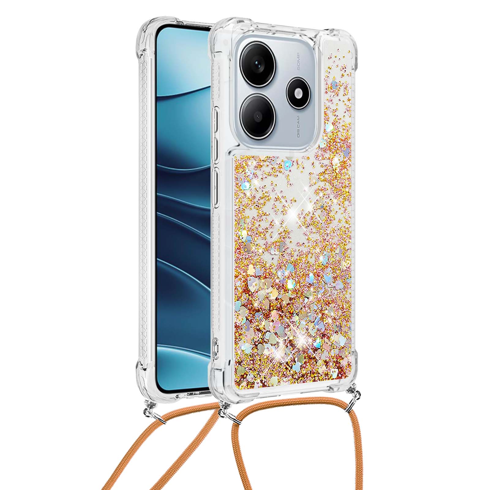 

For Xiaomi Redmi Note 14 5G TPU Case Quicksand Design Phone Cover with Lanyard Gold/Hearts