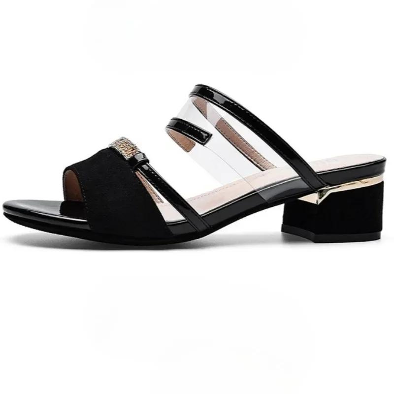 Fashion 2025 Summer Women's Modern Slippers Outdoor Fashion Metal Decoration Med Heel Sandals for New Elegant Open Toe Dress Zapatos