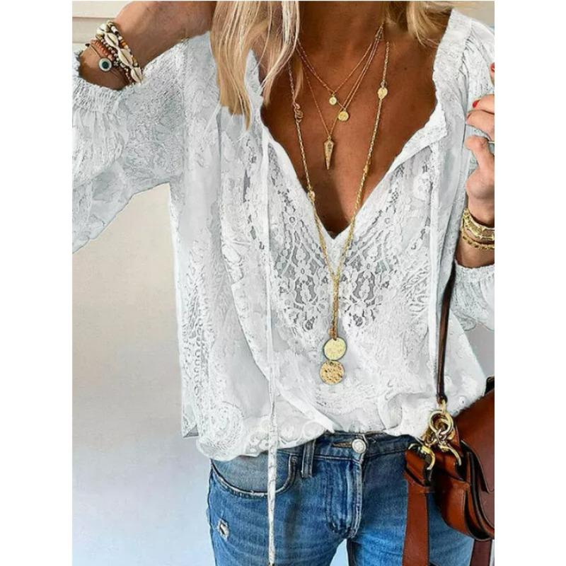 women s Lace Patchwork V Neck Long Sleeve Blouse Loose Fit Casual Commuter Top Shirt S