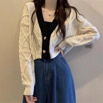 Autumn and Winter Korean Version Short V-neck Small High-waisted Design Long-sleeved Knitted Cardigan Color Matching Outer Sweater Women