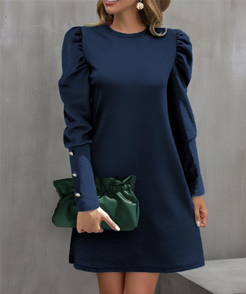 

New Autumn/Winter Women s Puff Sleeve Buttoned Long Sleeve Dress Medium темно-синього кольору