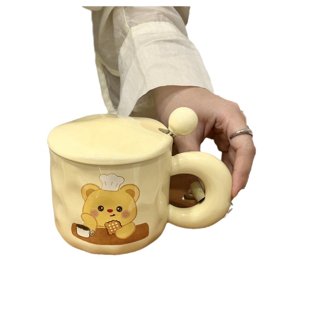 Mugg med lock och sked Söt liten björn Högvärdig vattenkopp Par Kreativ keramikmugg