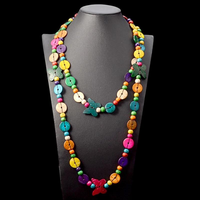 

Boho Colorful Butterfly Long Necklace Handmade Round Wood Pendant Statement Layering Chain Women Party Festival Gift