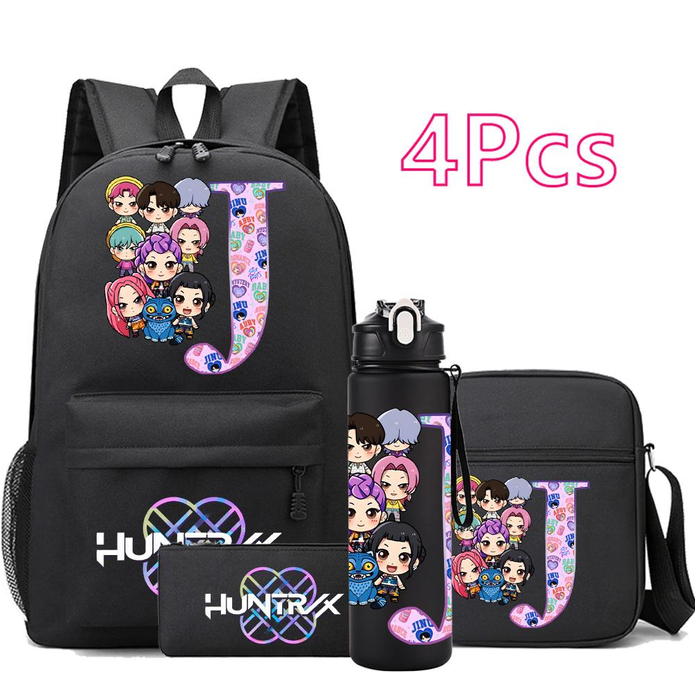 4 st/set 26 engelska bokstäver Kpop-tryckt ryggsäck Stor kapacitet Bokväska Axelväska Fodralväska med 750 ml vattenflaska Pojke Flicka Skolväska Barnpresent