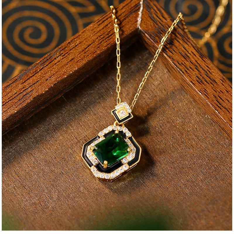 Meier Paraiba tourmaline set: minimalist princess cut emerald & black enamel necklace Electroplated gold