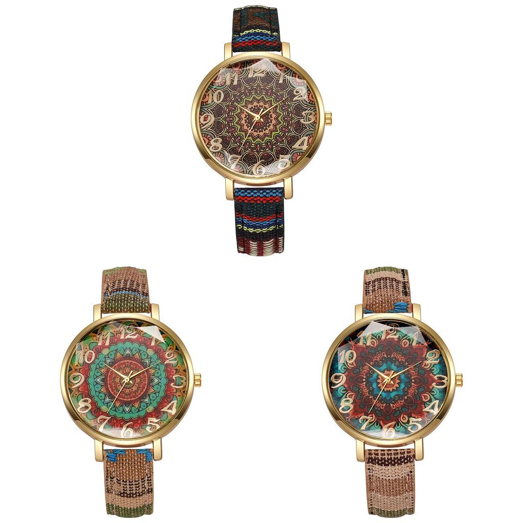 Vintage Ethnic Style Womens Quartz Watch With Colorful Canvas Strap For Casual Fashion And Gift