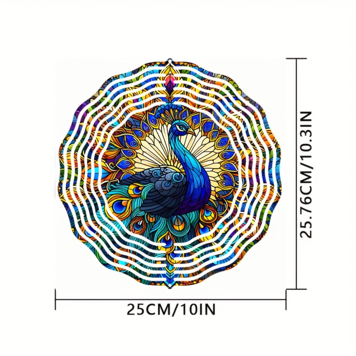 

PeaRooster 10-дюймовый витражный ветряной спиннер - 3D лазерная резка, дизайн павлина, садовое искусство, вращающийся на 360° крючок для наружного/внутреннего декора 01A
