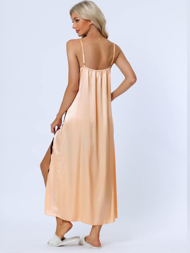 Cheibear Long Lace Cami Satin Maxi XL Women's Pajamas, Nightgown, Dress, Dress, Champagne,