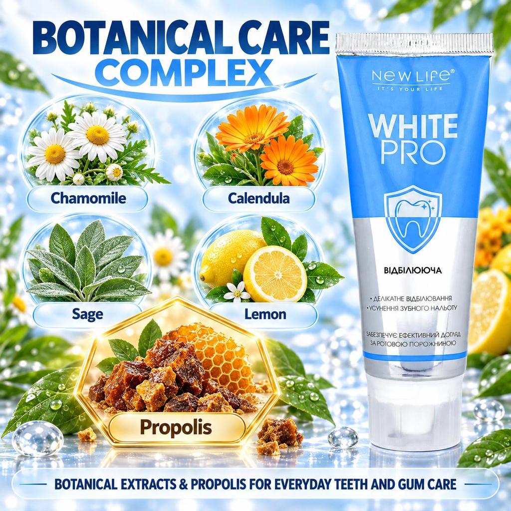 Whitening Toothpaste White Pro New Life With Bamboo Powder And Propolis For Removing Plaque And Stains From Coffee And Tea, 75 Ml