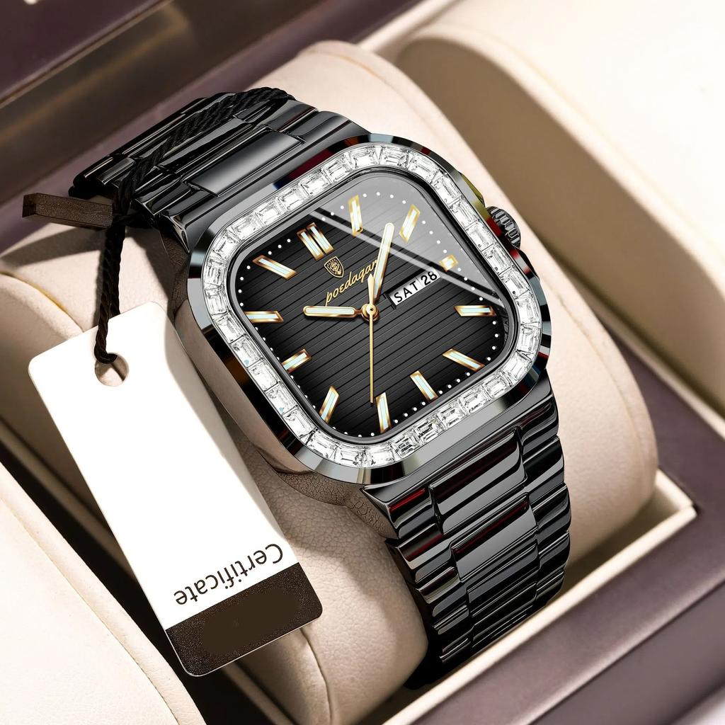 Men's Waterproof Luminous Quartz Watch Diamond Studded Dual Calendar Dial Business Watch Holiday Gifts Men's Exquisite Gift Watch