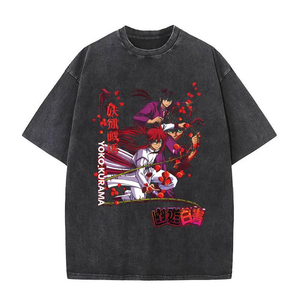 Anime YuYu Hakusho Urameshi Yuusuke Vintage Washed T Shirt Men Women Casual Oversized Tshirts Mens 90s Manga Retro Streetwear