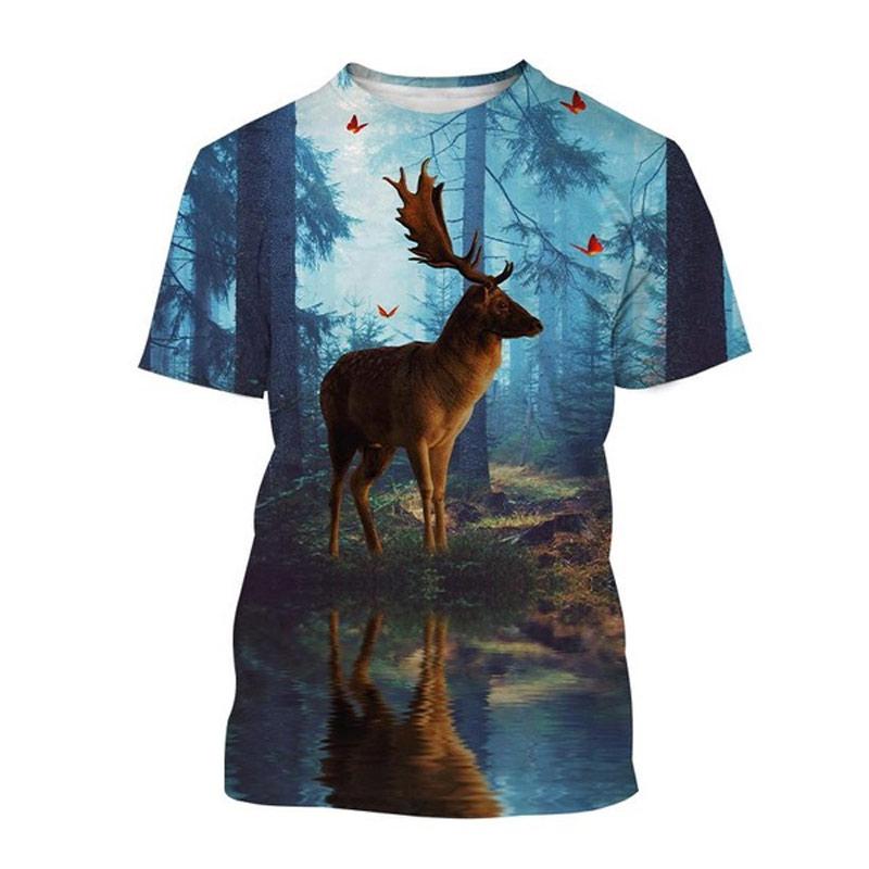 New Fashion Outdoors Jungle Animal Deer Graphic T Shirts For Men Summer Casual Personality Trend Printed O-neck Short Sleeve Top