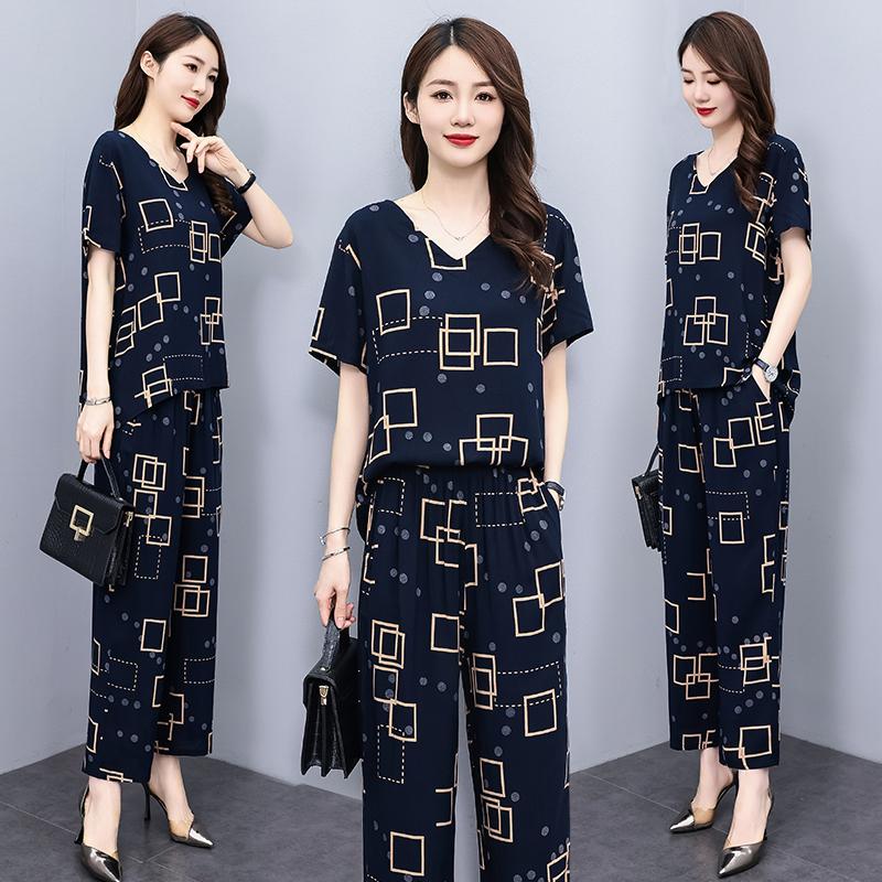 Sommeranzug für Frauen im mittleren Alter Neue elegante zweiteilige Sets Damen-Outfits Lose Vintage-Druck-Hosen-Set mit weitem Bein