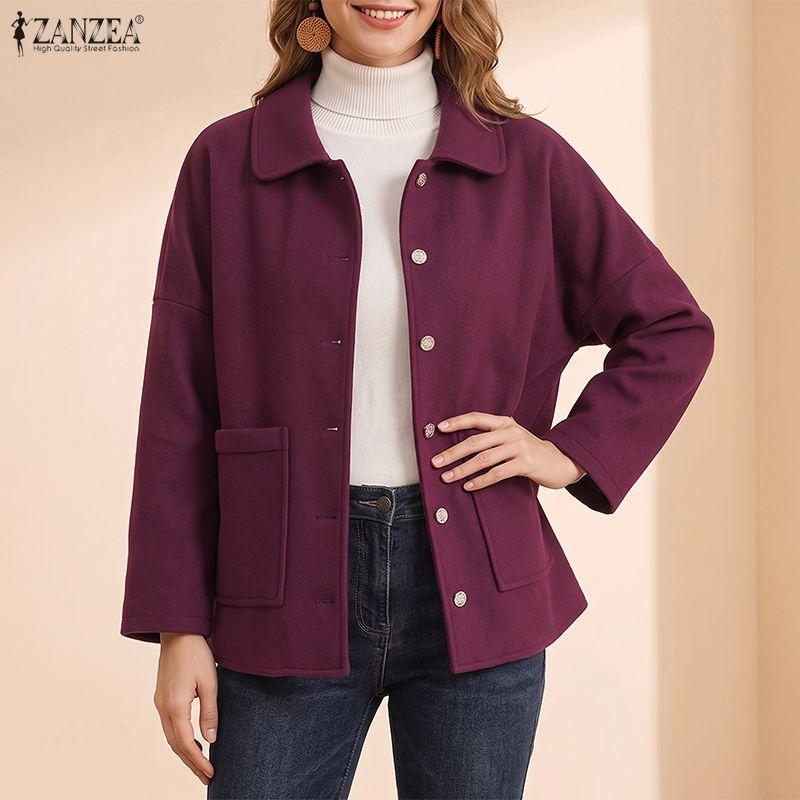 ZANZEA Women Casual Turn Down Collar Long Sleeve Spring Woolen Jackets