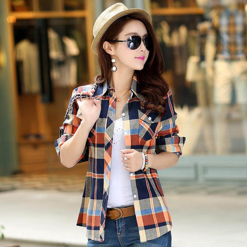 New Cotton Women's Shirts Grid Plus Size M-5XL Blouse Shirt Casual Long Sleeve Checkered Shirt  Turn-down Collar Streetwear