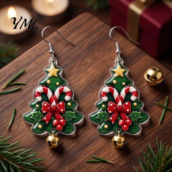 Festive Fashion Jewelry 1 Pair Acrylic Christmas Tree Dangle Earrings, 2D Flat Xmas Winter Outfit Accessories Bow Candy Cane Earrings with Bell,