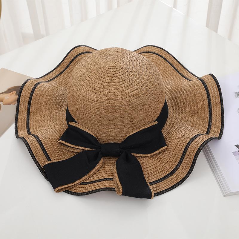 New Women's Summer UV Protection Sweet Ribbon Seaside Vacation Sunshade Bucket Hat Bow Large Brim Straw Hat