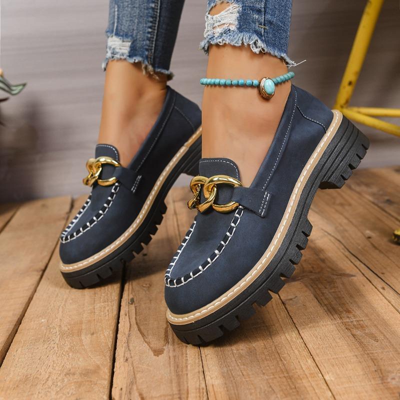 New Style Loafers, Large-sized Metal Buckle Casual Women's Shoes, Thick-soled Single Shoes with Thick Heels