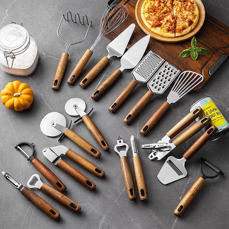 Acacia Wood Kitchen Gadget Set: Peeler, Can Opener, Egg Beater, Pizza Cutter, Cheese Shovel