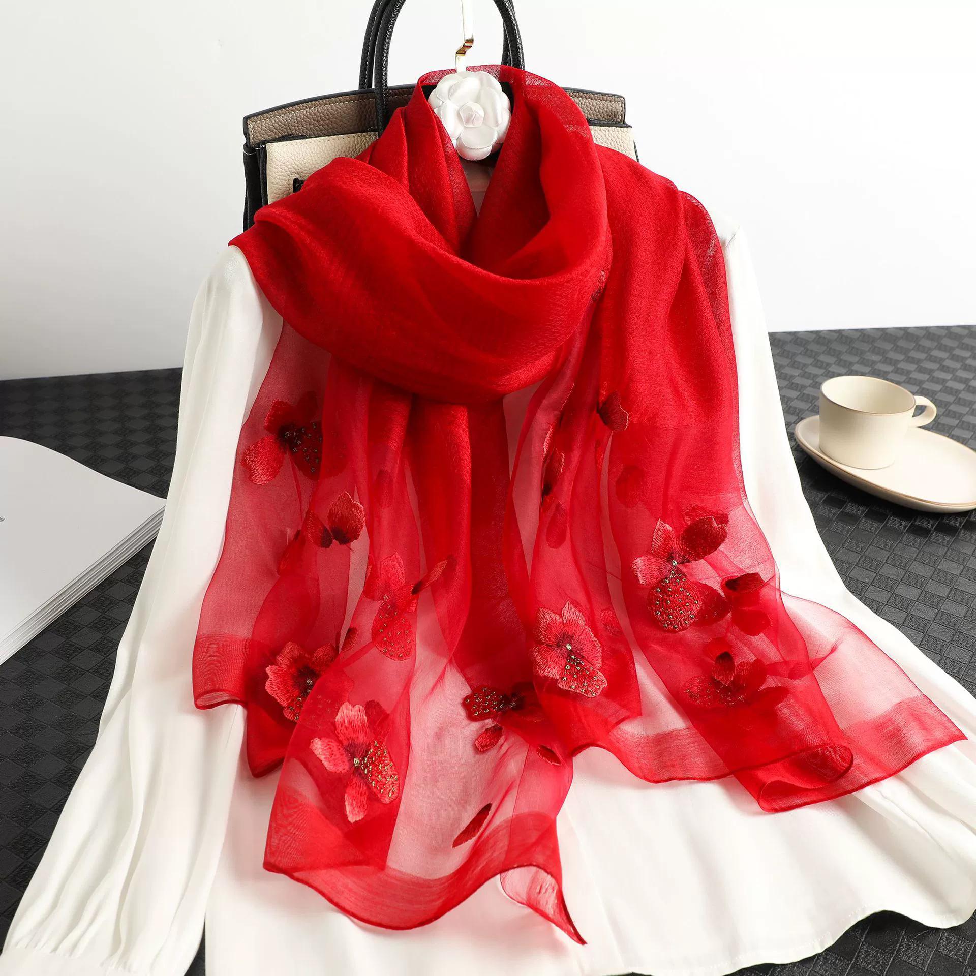Floral Embroidered Silk Scarf Springautumn Thin Mulberry Silk Scarf Elegant And Decorative Shawl 70X180CM