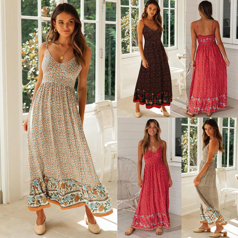 Womens Summer Floral Long Dress Ladies Bohemian V-neck Suspender Floral Holiday Dress