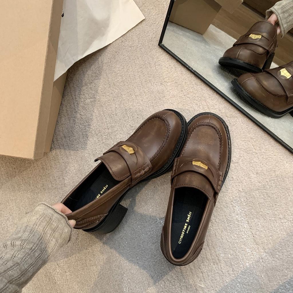 Cowhide Version~ The Same Amiu Gold Coin Thick-soled Thick-heeled Lazy Person Pedals Loafers Women's Small Leather Shoes