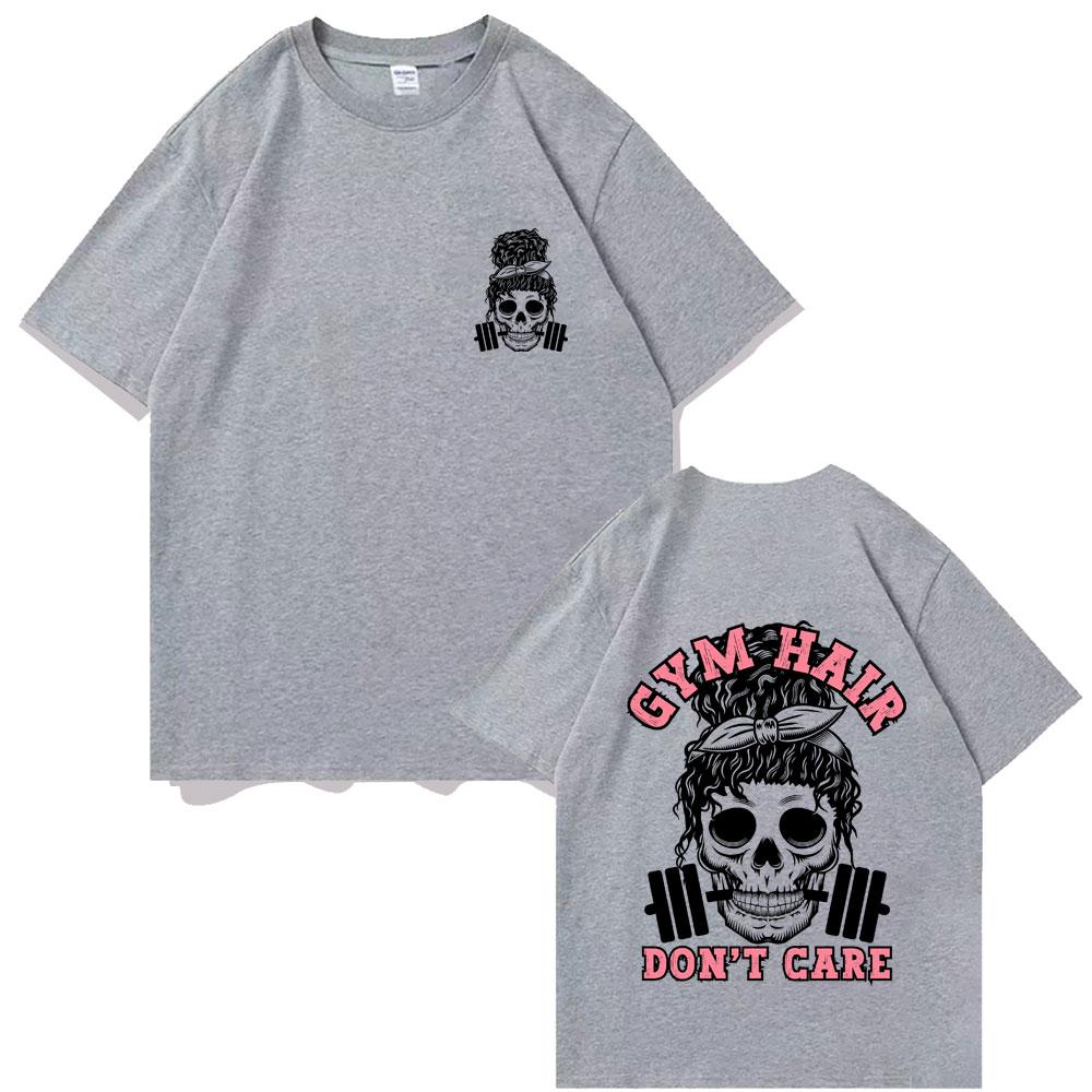 Gym Hair Dont Care Double Sided Graphic T Shirts Men Women Funny Skeleton Print Tshirt Men Women Fashion Oversized Streetwear