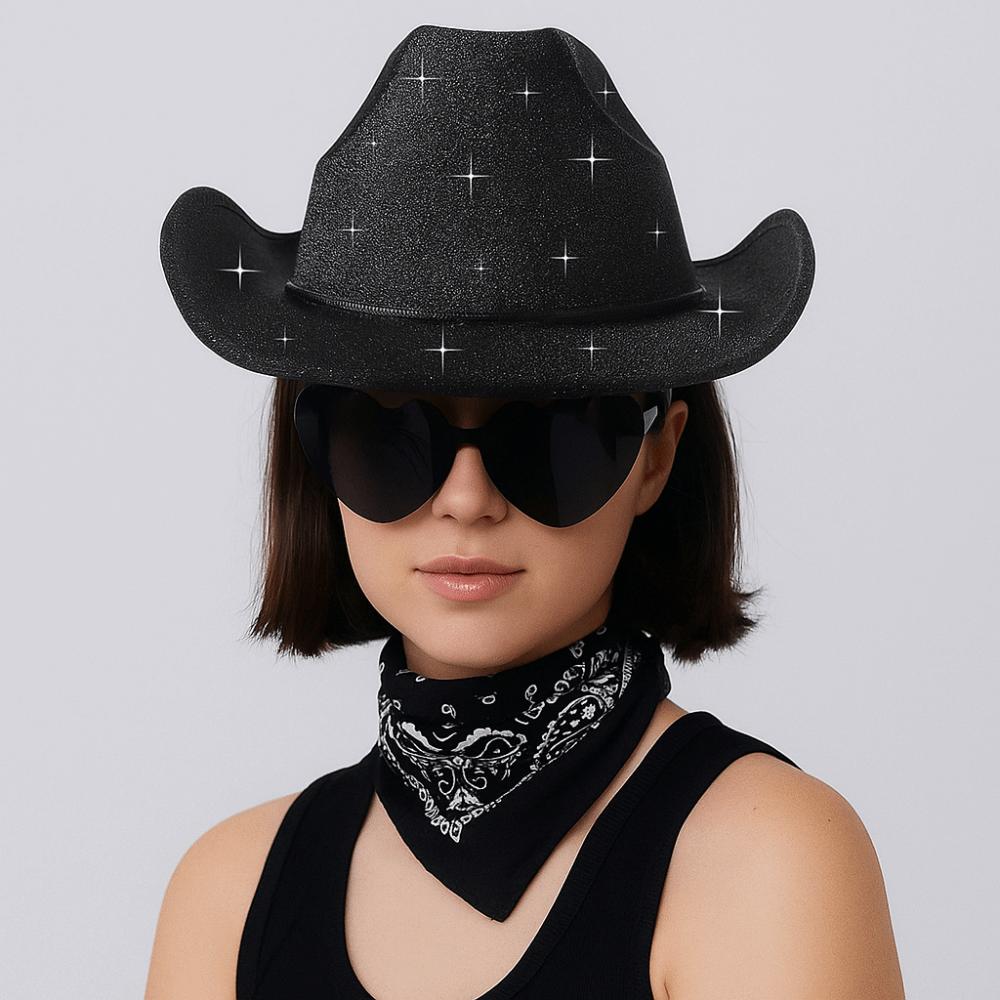 3pcs/Set Wide Brim Western Cowboy Hat Bandana Pink Cowboy Hat Sparkling Powder Denim Hat Halloween