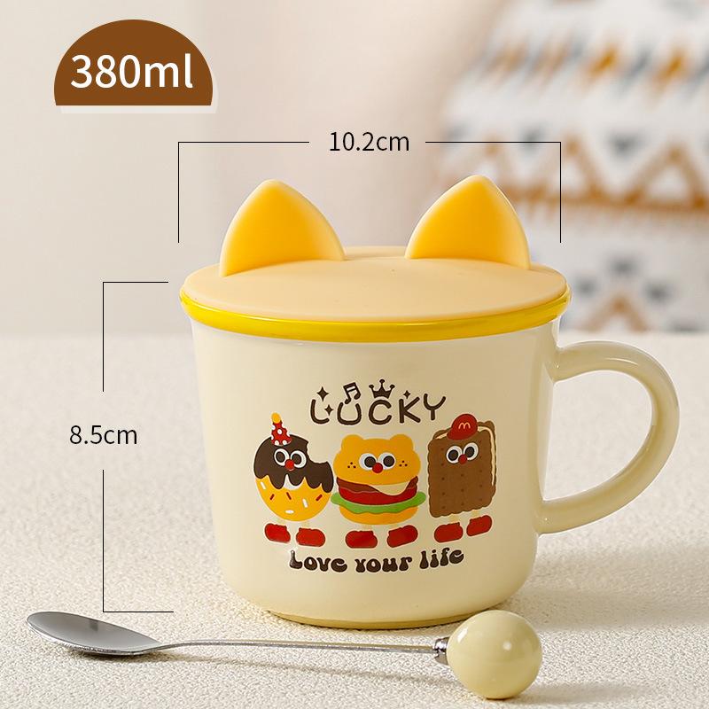 Niedliches Geschenk Keramiktasse Souvenirtasse Frauen Becher Cartoon Wassertasse Haushalt Kaffeetasse mit Deckel Löffel Kinder