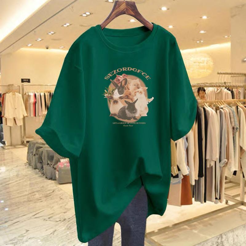 Pure Cotton Loose Printing Versatile Age-reducing T-shirt Large Size Cartoon Short-sleeved Women's New Medium and Long Models