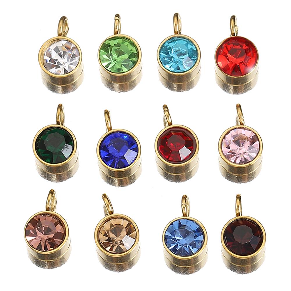 10pcs Stainless Steel Birthstones 6mm Zircon Charms Pendants Rhinestone Crystal Beads for Necklace Bracelet Jewelry Making DIY
