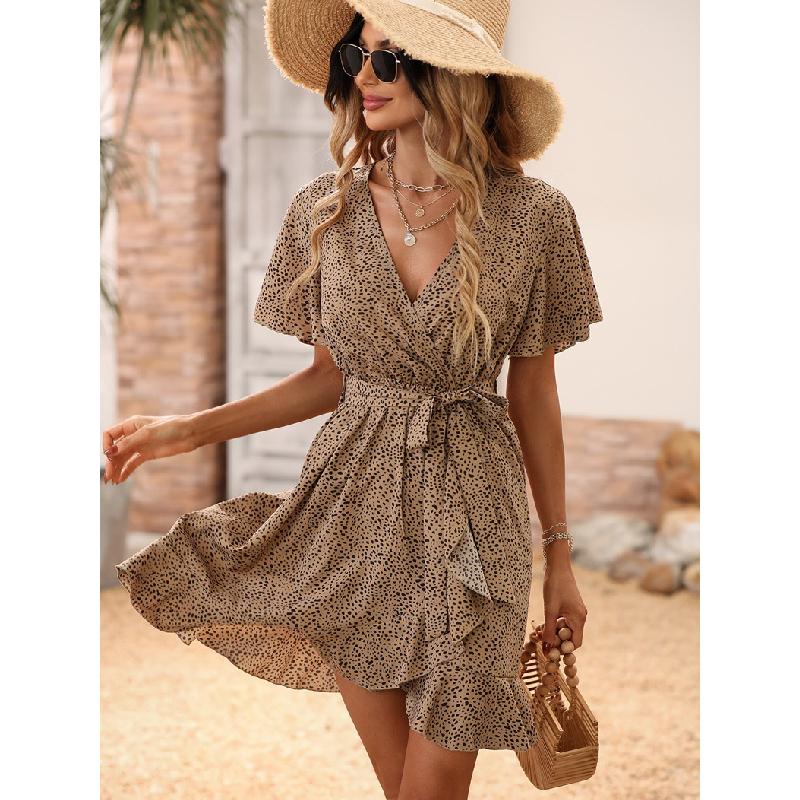 2026 Summer New Women's Fashion Printed Dress with Spotted Ruffles and Tie-Waist Design
