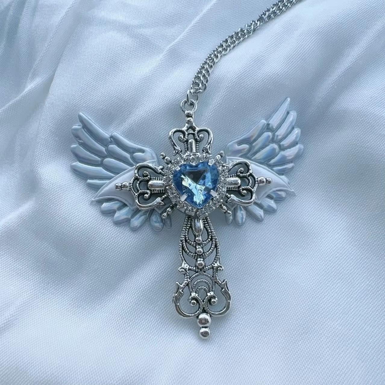 Y2K Cool Goth Heart Crown Angel Crucifix Wings Pendant Necklace Sexy fashion for Women Clavicle Chain Choker Jewelry Gifts