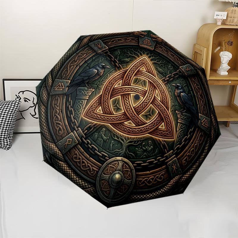 Celtic Symbolism Raven Pattern Umbrella, Portable and Foldable Design, 8 Ribs, a Casual Accessory for Halloween, Christmas, and Birthday Gifts.