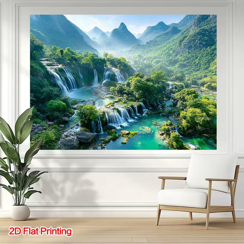 Lush Waterfall Landscape Tapestry, Serene Green Mountains, Cascading Falls and Turquoise River, Peaceful Nature Wall Art