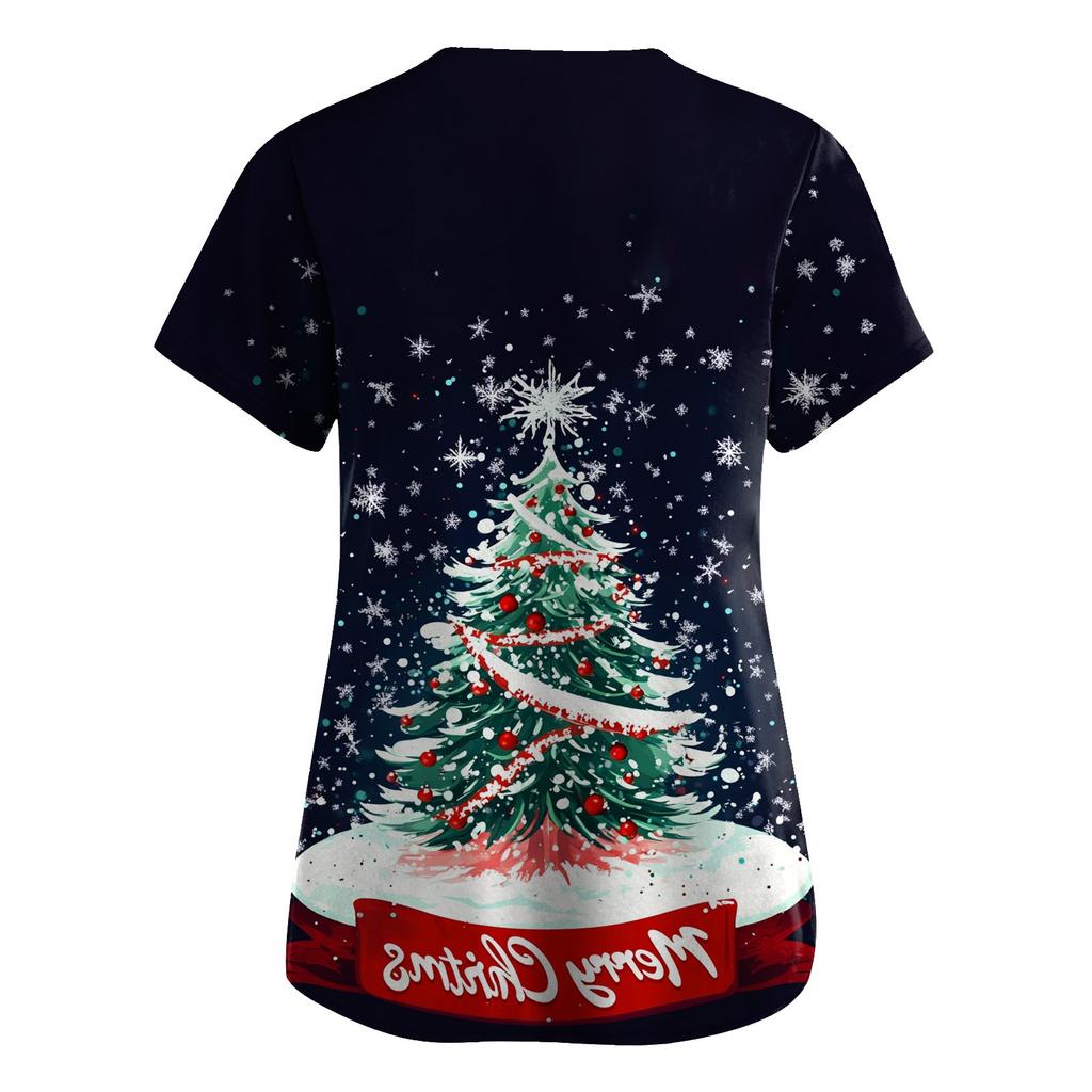 Women's Christmas Printed  Uniform Work Uniform V Neck Pocket Protective Uniform