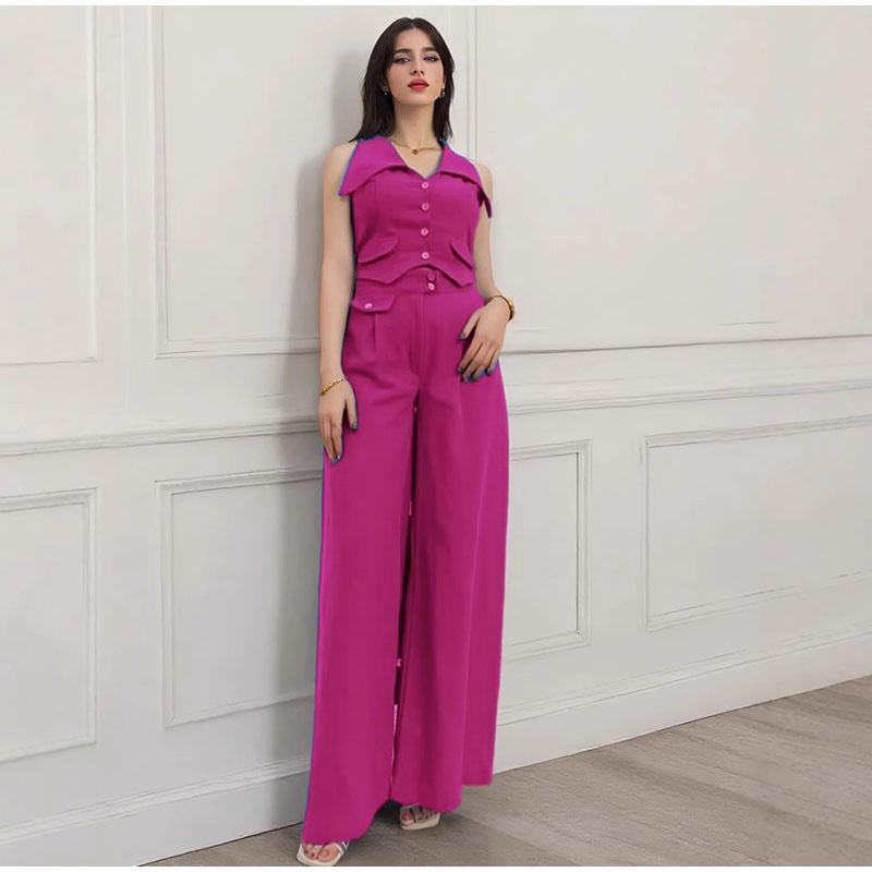 2025 spring and summer new women's solid color blouse sleeveless waist two-piece casual trousers suit
