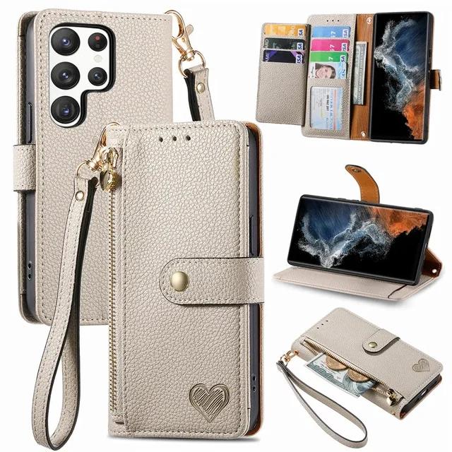 Reißverschluss-Geldbörsen-Handyhülle für Samsung Galaxy S24 S23 Ultra S22 S21 FE S20 Plus M54 M14 M53 M33 M13 M52 M32 Lanyard Lederhülle